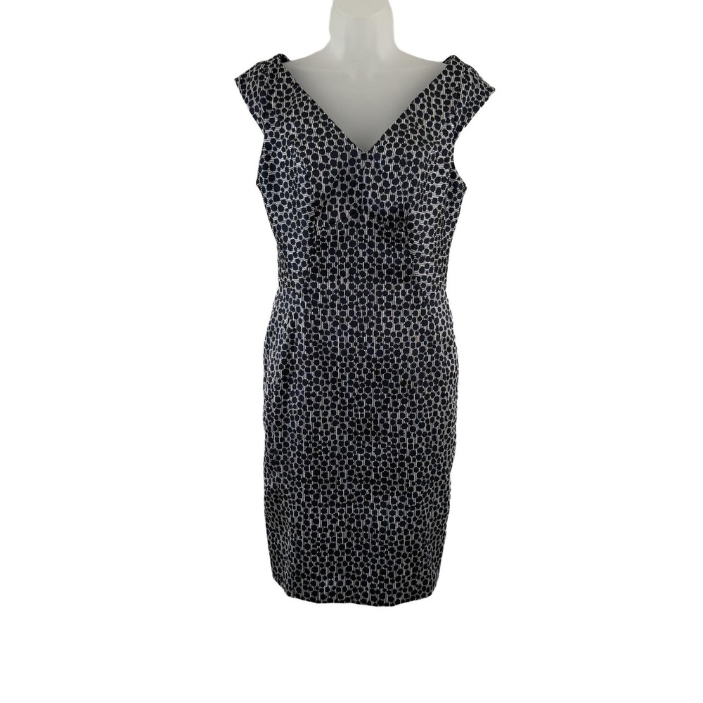 Yoana Baraschi Dress Womens 10 Blue Polka Dot Jacquard V Neck Sheath Work Knee